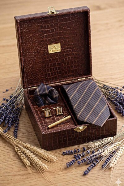 Kravatkolik Καφέ Ανδρικό Κουτί Δώρου - Σετ Γραβάτα, Μαντήλι, Μανικετόκουμπα κ...