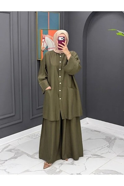 chize Trendy Buttoned Detailed Double Pocket Comfortable Fit Hijab Two-Piece Set