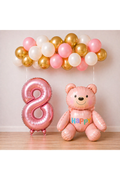 BALON DİYARI Σετ μπαλονιών γενεθλίων με θέμα το ροζ αρκουδάκι για 8 ετών, κορ...