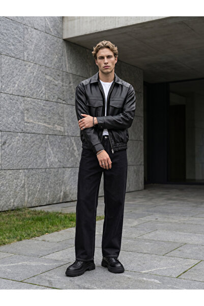 BASEL.CO ZRA Trend Δερμάτινο Μπουφάν Crop Bomber Oversize με Ελαστική Μέση