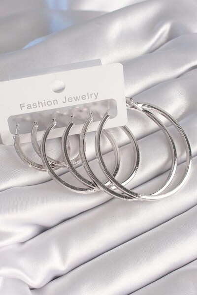 TakÇalıştır Brass Silver Color Hoop Model Women's Earring Set