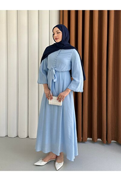 Modaensarbutik Bağlama Detaylı Balon Kol Tesettür Elbise-MAVİ