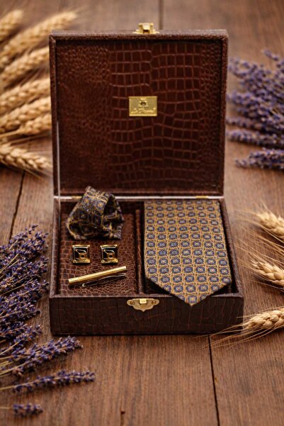 Kravatkolik Καφέ Ανδρικό Κουτί Δώρου - Σετ Γραβάτα, Μαντήλι, Μανικετόκουμπα κ...