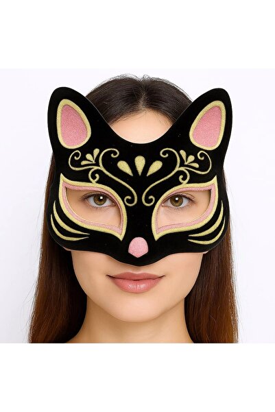 TakÇalıştır Black suede-look cat mask with pink, yellow, and glitter accents ...