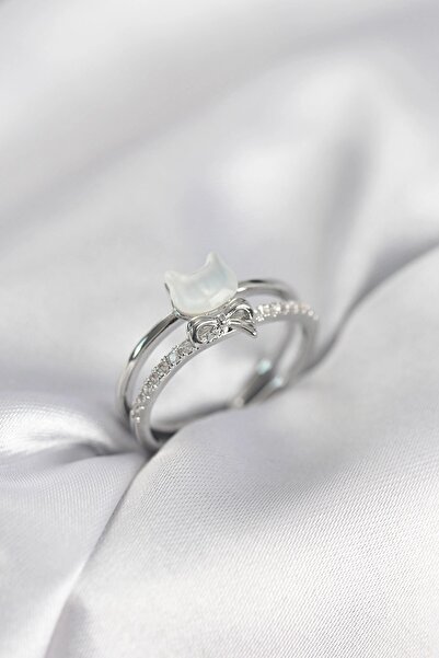 Leyaton Silver Color Pearlescent Cat Model Bowknot Zircon Stone Women's Ring