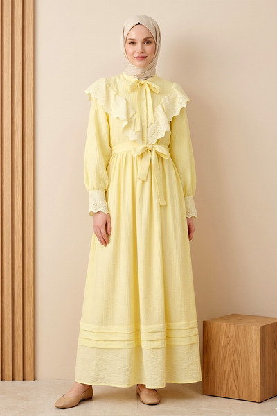 FERHEL Γυναικείο φόρεμα με γιακά, κορδόνια, δεμένη μέση, κεντημένο, με βολάν ...