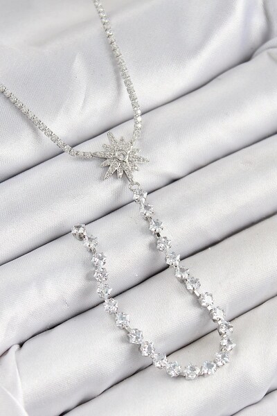 TakÇalıştır Brass Zircon Stone Pole Star Model Gold Color Y Necklace