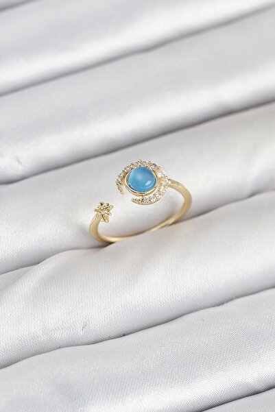 TakÇalıştır Brass Gold Color Zircon Stone Moon Star Women's Ring