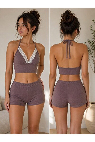 KİM Kİ O Women's Slim Fit Lace-Up Crop Top and Bottom Set, Slightly Stretchy,...