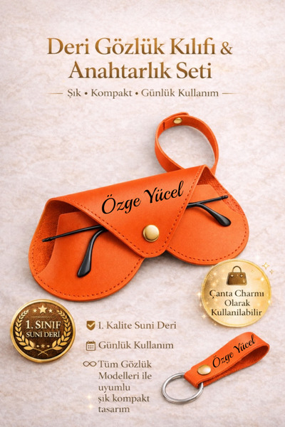 Ayleen Ayz Kişiye Özel İsim Yazılı Deri Gözlük Kılıfı & Anahtarlık Seti - Kal...