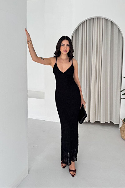 mielva Γυναικείο μαύρο φόρεμα με δαντέλα και λουράκια, με λαιμόκοψη V, μάξι μ...