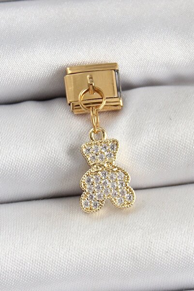 TakÇalıştır 316L Steel Dangle Zircon Stone Teddy Bear Model Gold Color Nomina...