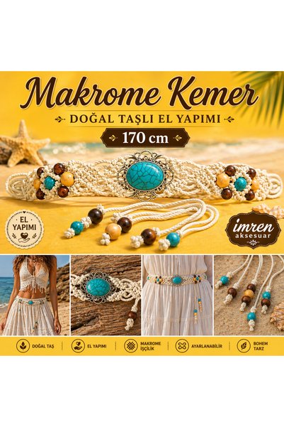İMREN AKSESUAR Makrome Belt with Natural Stones, Handmade Ecru Candle Strap and Wooden Beads, 170 cm Belt