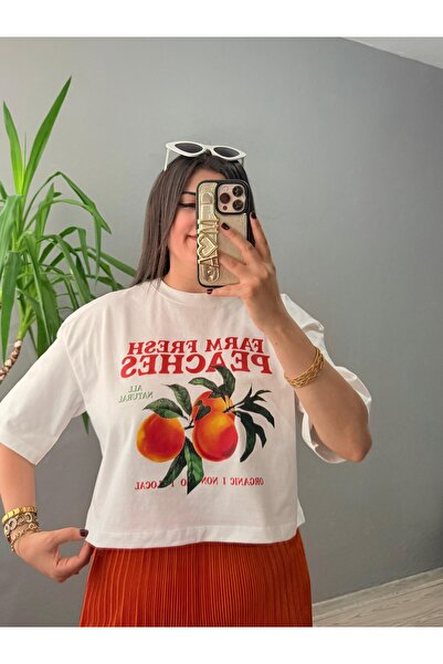 iznikten Peach Printed Crew Neck T-Shirt - Ecru