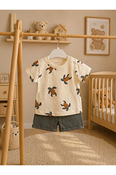 NİKUBY BABY Baby Boy Cotton Combed Cotton Top and Bottom Set with Turtle Pattern