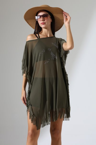 Esberin Stone Detailed Tasseled Tulle Pareo Beach Dress