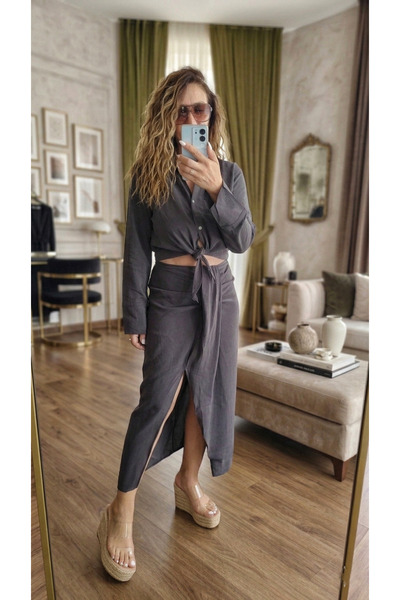 PINARKAYASTYLE Anthracite Tie-Dye Detailed Tencel Fabric Shirt and Slit Skirt...