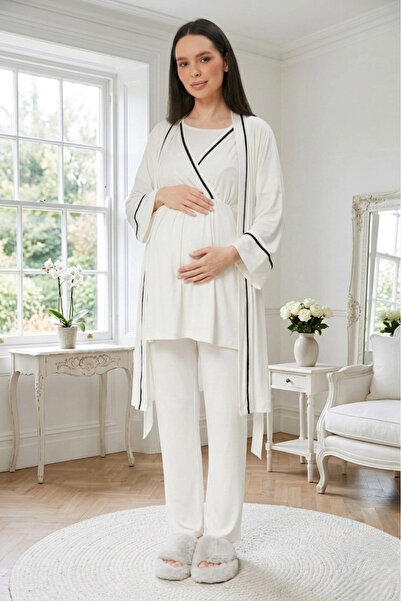 Lohusa Homewear Γυναικείο εκρού διπλό σετ πιτζάμες καλοκαιρινό 100% βαμβακερό...