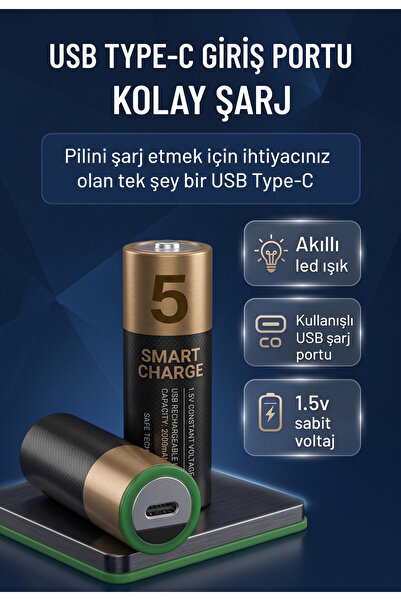 Ouptec 2 Adet USB Type-C Şarjlı AA Pil 1.5V | 1000+ Kez Şarj Edilebilir Lityu...