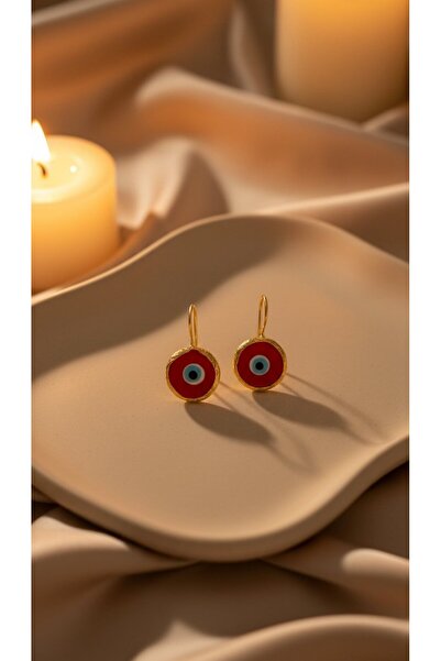 SR Jewelry Box Kırmızı Nazar Boncuk Küpe – Gold Çerçeveli Canlı Minimal Tasar...