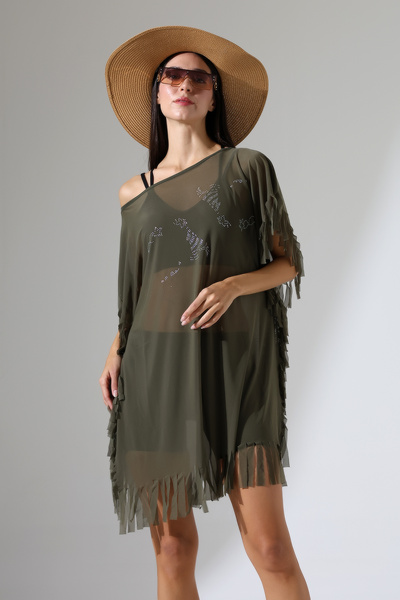 Esberin Stone Detailed Tasseled Tulle Pareo Beach Dress