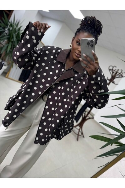 LOKADI Γυναικείο μαύρο και λευκό πουά πουά πουκάμισο-τζάκετ μεγάλου μεγέθους ...