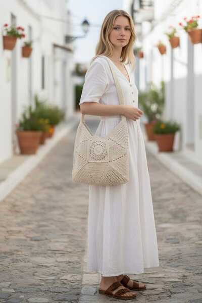 Aware Time Χειροποίητη πλεκτή ψάθινη τσάντα με επένδυση