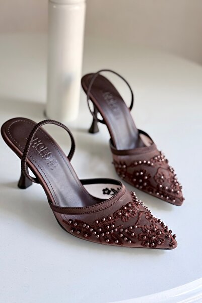 yezy shoes Δαντελένια παπούτσια με λεπτομέρεια από πέρλες και ελαστικό τακούν...