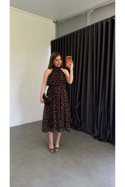 elif teke Halter Neck Polka Dot Dress Brown