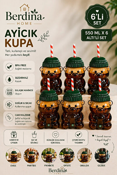 Berdina Home 6lı Barista Ayıcık Tasarım Cam Pipetli Soğuk İçecek Kahve Bardağ...