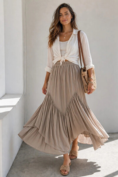 Lusin Γυναικεία μπεζ μακριά φούστα μποέμ με βολάν, ψηλόμεση, με επένδυση
