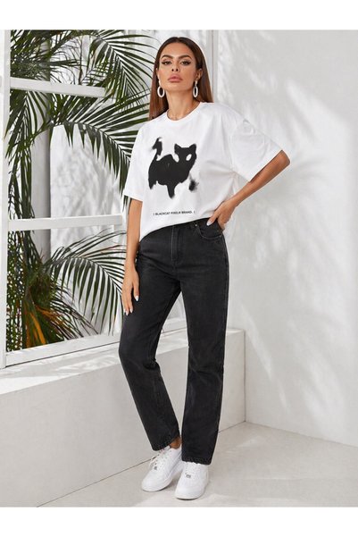 SERBA Tricou alb cu imprimeu supradimensionat pentru femei