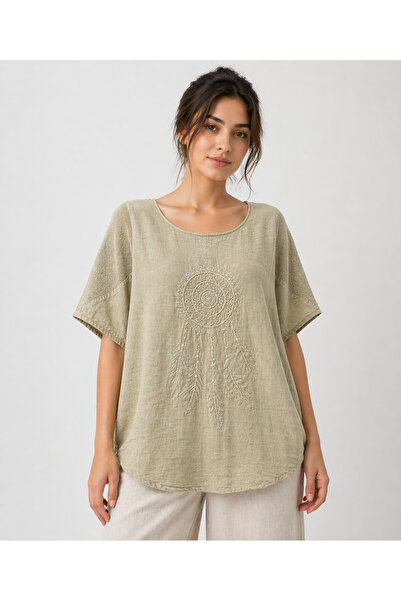 MENSAR OTANTİK Linen Embroidered Blouse Standard 38/46 Size Matching Loose Fi...