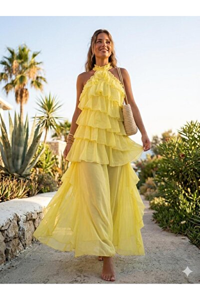 Aska Butik Katlı Tül Elbise Sarı
