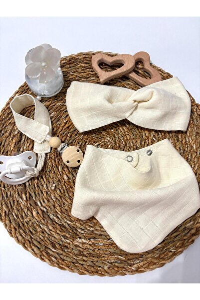 LUMİBABY BUTİK Çift kat müslin bandana ,mama önlüğü ve emzik askısı seti,fula...