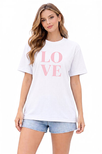 Lizbon Style Γυναικείο λευκό μπλουζάκι με στάμπα Love, Oversize, Casual Boyfr...