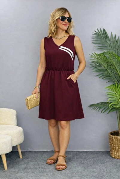 Butik Women's Strappy V-Neck Short Viscose Two-Thread Dress with Gathered Waist