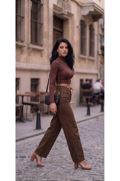 REDZARRAM Coffee Color High Waist Denim Pants