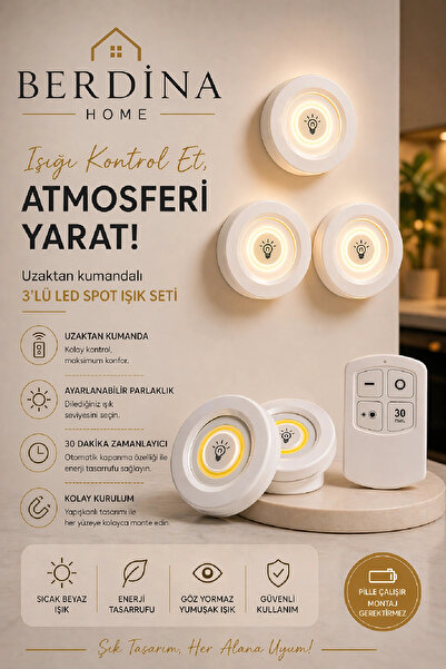 Berdina Home 3'lü Pilli Uzaktan Kumandalı Yapışkanlı Montajsız Spot LED Işık ...