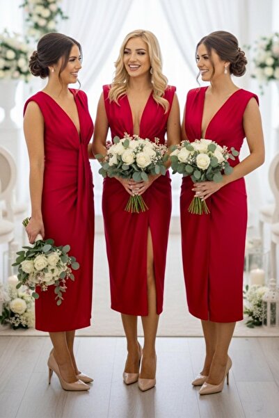 FashionForYou Σετ 5 μακριών σατέν φορεμάτων Ilaria, με σκίσιμο στο πόδι, Κόκκ...