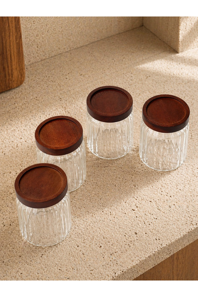 SUELF CO Set of 4 Glass Spice Jars with Acacia Lids / 350 ml