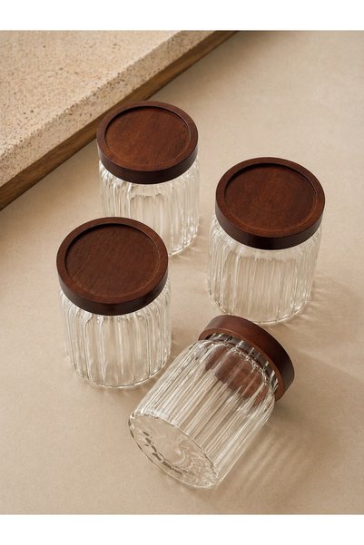SUELF CO Set of 4 Glass Spice Jars with Acacia Lids / 350 ml