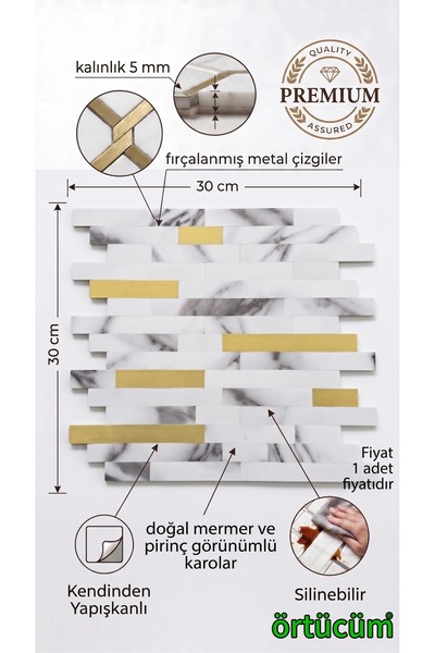 Örtücüm Mermer Görünümlü 3D Metalik Detaylı Kendinden Yapışkanlı Isıya Dayanı...