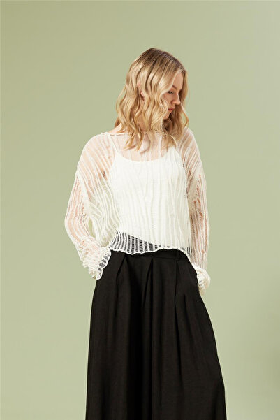 LOKADI Γυναικείο πλεκτό πουλόβερ από διχτυωτό ύφασμα εκρού με διάτρητο σχέδιο...