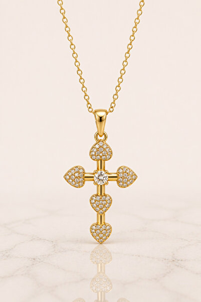 OEM Χρυσό κολιέ με μενταγιόν σταυρό καρδιάς, διακοσμημένο με πέτρες, κομψού θ...
