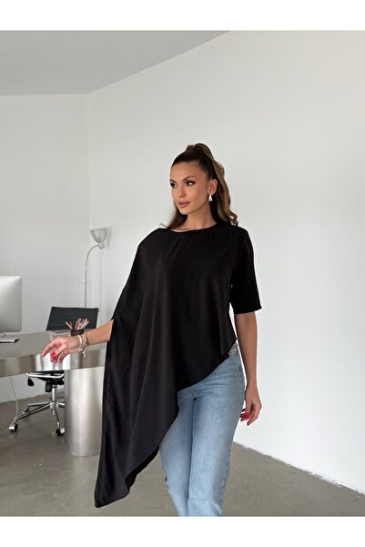 manana fashion Ασύμμετρη κοπή, υπερμεγέθης μπλούζα με επένδυση και κάπα