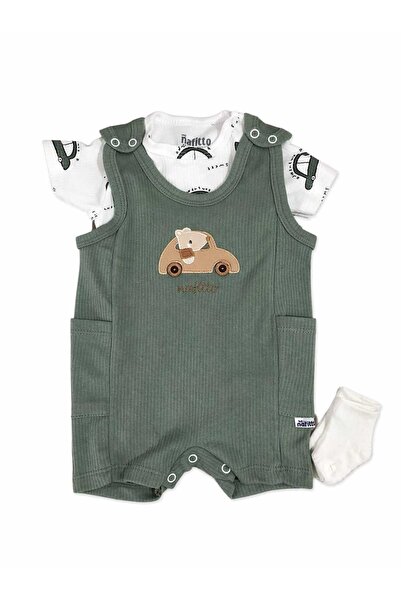 LİLİYUM Unisex Bebek 2’li Takım Araba Desenli Body & Yeşil Salopet Tulum
