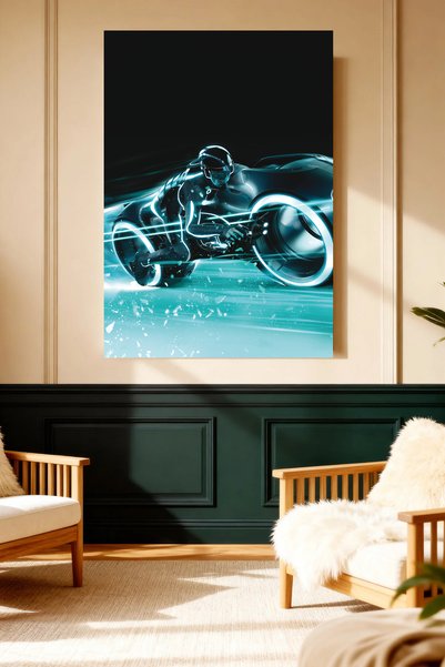 Mushen Studio Tron Light Cycle Neon Motorcycle Canvas Painting Sci-Fi Wall De...