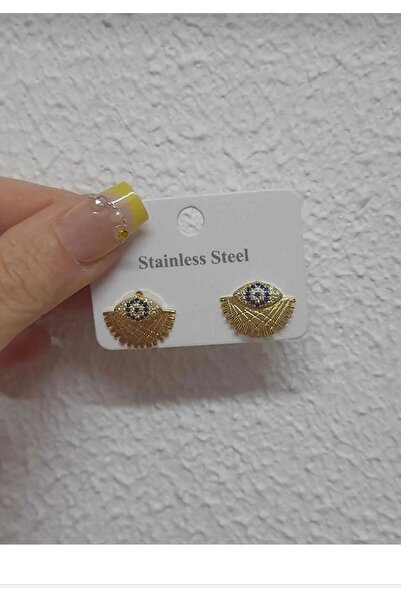 8atelier أقراط ذهبية على شكل مروحة مزينة بخرز العين الشريرة من الفولاذ