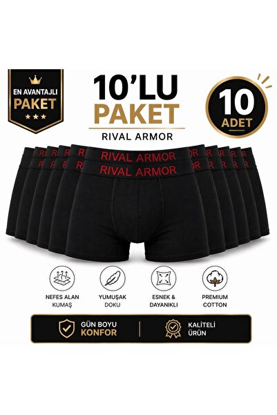RİVAL ARMOR Premium Erkek Boxer 10'lu Paket Pamuklu Esnek Nefes Alan İç Giyim